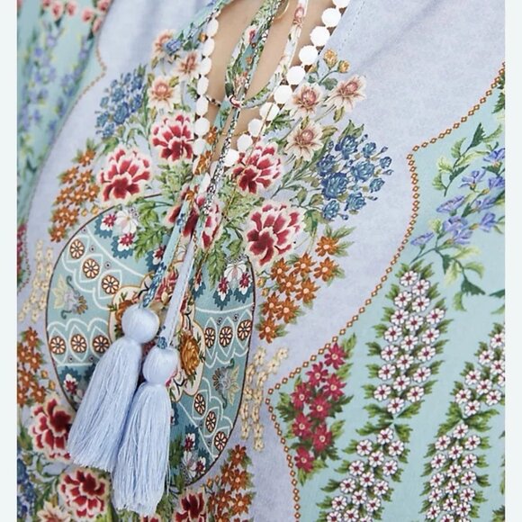 FARM RIO Lt Blue Peasant 3/4 Flutter Sleeve Blouse Sz S - Picture 2 of 12